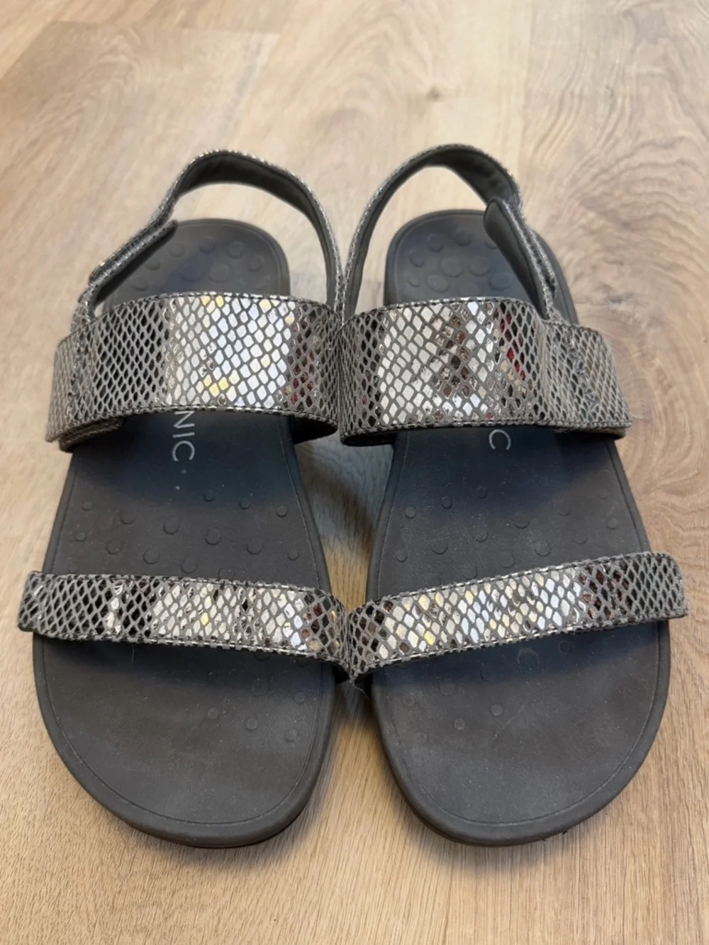 VIONIC Metallic Snake-Print Velcro Strap Sandals - Silver/Black